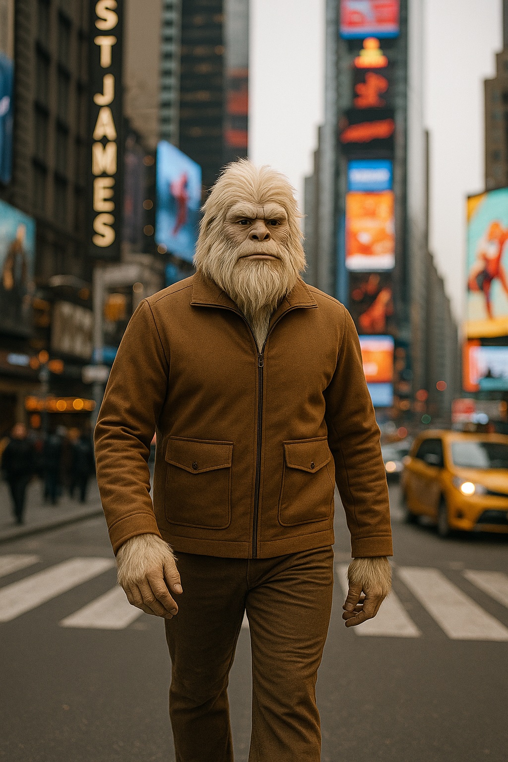Yeti walking through the city